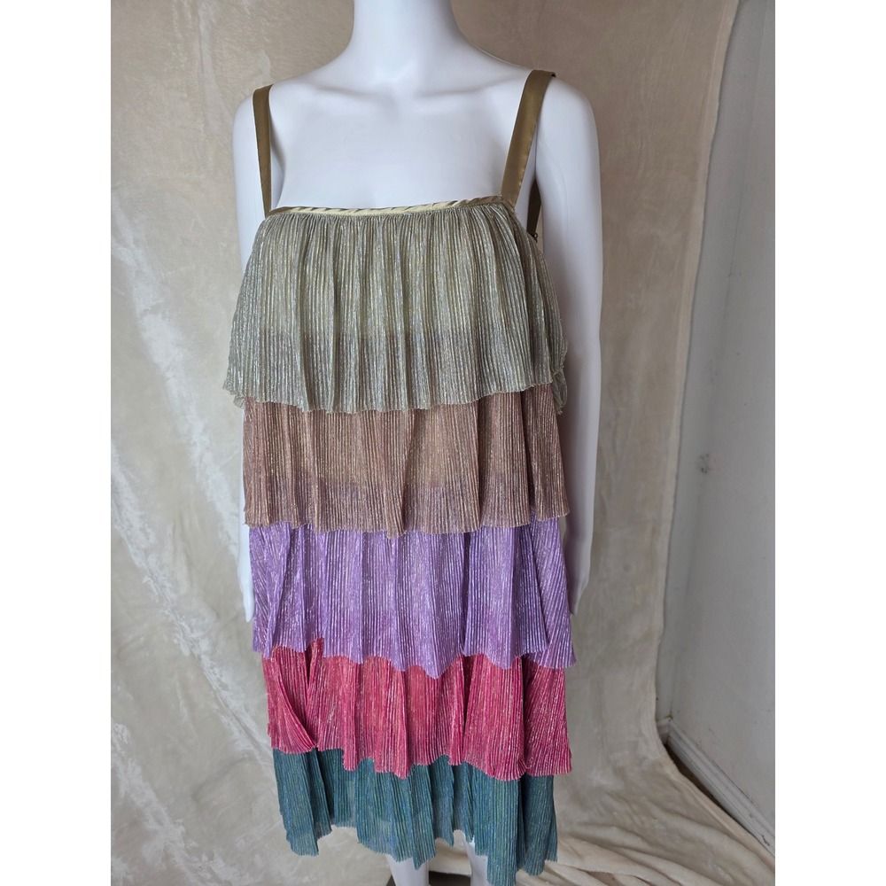 Tiered Metallic Pleatedโ Midi Dress Gold Pink Purple Teal Straps
